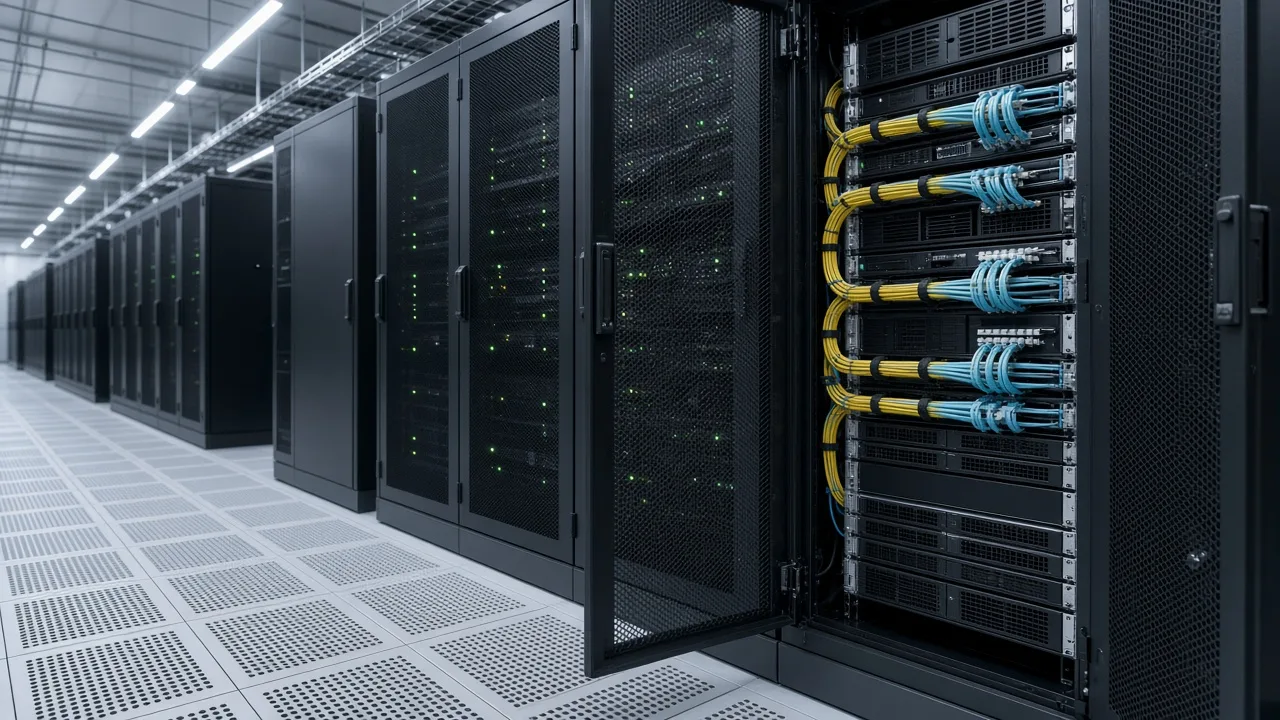 Open cabinet in a data-hall aisle.